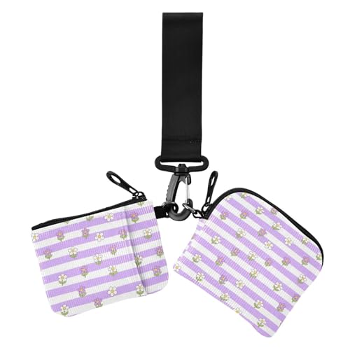 Purple and White Striped Flowers Women's Wallets Card Cases Mini Fashion Key Chain Wallet Change Purse with Zipper Pocket for Lady 2 Packs
