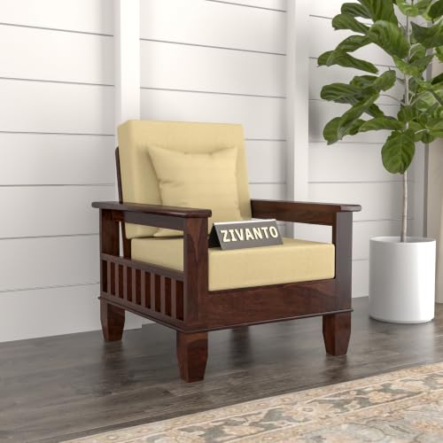 Image of Solid Sheesham Wood 1 Seater Sofa for Living Room | Premium Wooden Armchair with Side Magazine Rack | High-Density Cushioned Fabric Seat | Modern Single Sofa Chair for Home & Office