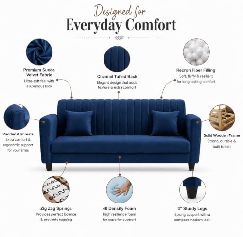Image of MS Luxury FURNITRE Premium Luster 3-1-1 Sofa Set | 3 Seater | 5 Seater | Velvet Suede Fabric | 7 Colours with Sollid fibare Legs & 4 Cushion Free. (Blue, 3 Seater)