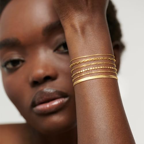 Bracelet for Women - Dainty Stack Bracelets Trendy Adjustable 14K Gold Plated Thin Paperclip Bead Box Satellite Figaro Cuban Link Chain Bracelet Set for Women Waterproof Jewelry Gift