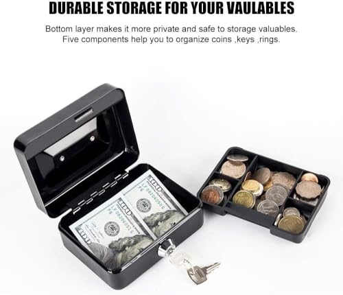 Image of Wosta Cash Money Safe Box - Compact Solid Steel Lockable Security Storage Chest for Loose Money, Coins, Change & Valuables with 2 Keys (Medium)5.9 inch x 3.1 inch x 4.7 inch Black