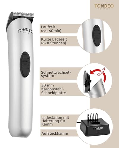 TONDEO Haarschneidemaschine ECO S PLUS SILVER | Profi Haarschneider inklusive Ladestation und Aufsteckkamm für 4 verschiedene Schnittlängen