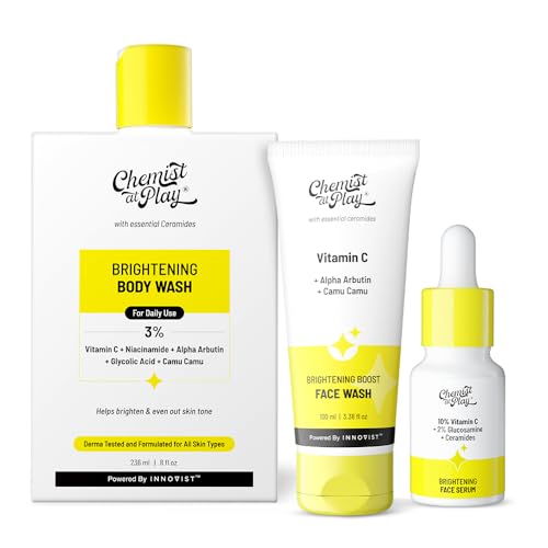 Image of Chemist at Play Vitamin C Face Wash, Brightening Body Wash & 10% Vitamin C Face Serum Combo | Fades Dark Spots, Improves Radiance & Evens Skin Tone | Camu Camu & Alpha Arbutin | 100ml + 236ml + 10ml