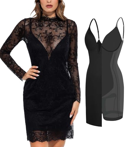 Popilush Lace Long Sleeve Dress - Shapewear Formal Mother of Bride Dresses Sheer Mesh Wedding Guest Mini Dress for Women