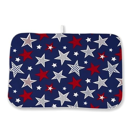 4th of July Dish Drying Mat 18x24 Inch Navy Blue Red Stars Patriotic Decor Drying Mat Independence Day Memorial Day Absorbent Dish Drying Pad Dish Rack Drainer Mats for Kitchen Dining Counter