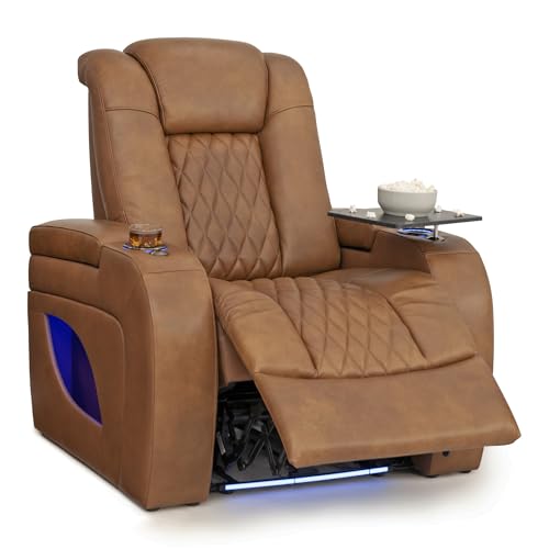 Image of Seatcraft Virtuoso LT Tawny Italian Leather Home Theater Seating, Zero Gravity Power Recliner, Powered Headrest and Lumbar Gaming and Home Office Chair, Heat and Massage Lounge Sofa, Single Recliner