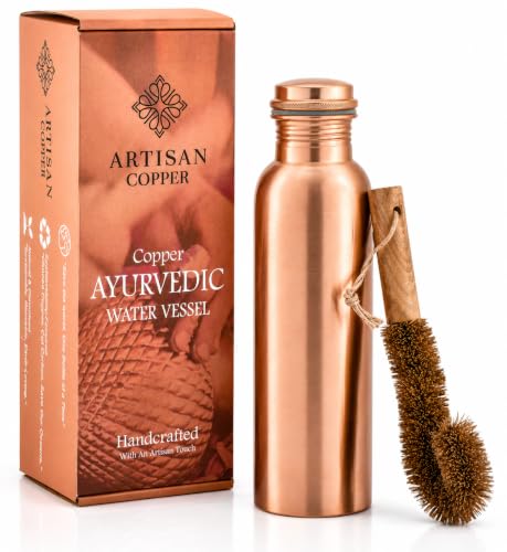 Artisan Copper Ayurvedic Copper Water Bottle 32oz Handcrafted 100% Pure Plain Bottle for Drinking with Wooden Brush Leak Proof and Reusable Water Vessel (950ml, Rose Gold)