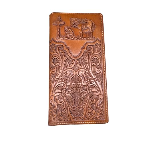 Men’s Long Leather Wallet – Embossed Cowboy Praying Design Rodeo Bifold – Hand Tooled Western Checkbook Wallet for Faith-Based Gifts & Ranchers
