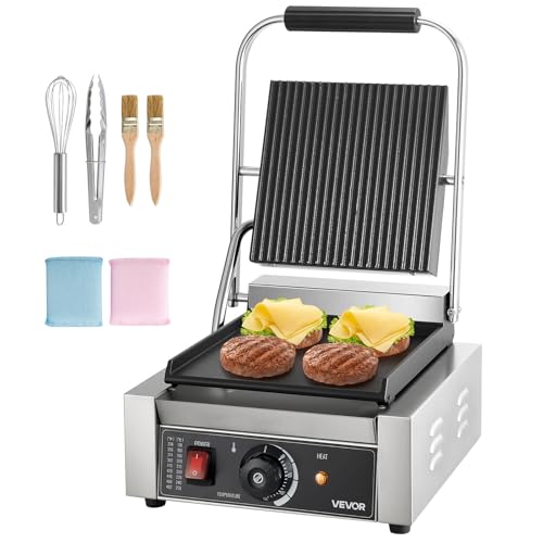 VEVOR Griglia Elettrica per Panini 1800W, Piastra per Panini Sandwich con Piastra Smaltata Piatta 22x23cm, Acciaio Inox, Maniglia, Controllo della Temperatura, per Hamburger, Bistecche