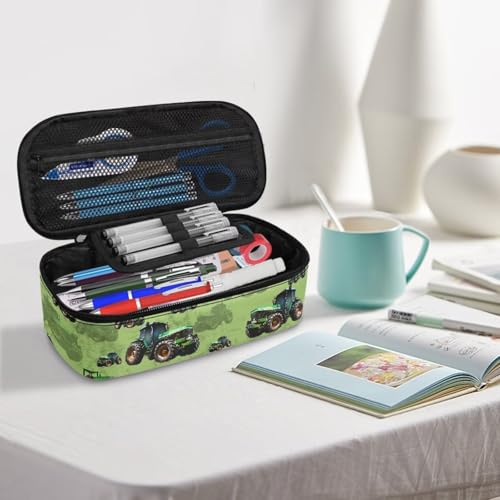 Image of Green Tractor Print Pencil Case for Kids Large Pencil Pouch for Elementary Boys Lightweight Portable Pen Bag with Mesh Pocket for School