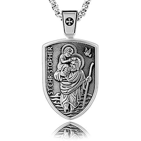VENICEBEE® Saint Christopher Protect Us Medal St. Christopher Protection Shield Christian Amulet Unique Solid 925 Sterling Silver Pendant Necklace + Velvet Pouch, Polishing Cloth, Gift Box Cover
