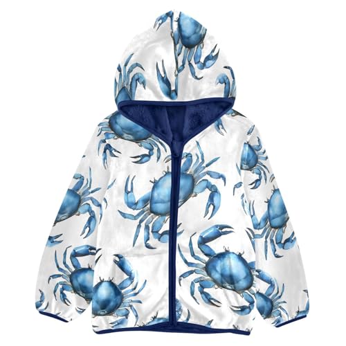 Blue Crab Pattern Print Toddler Fleece Jacket Girl Boys Hooded Fleece Jacket Coat Warm Outwear Zip-up 3-10T