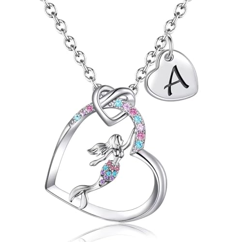 Mermaid Gifts for Girls Mermaid Initial Heart Necklace Rainbow Mermaid Jewelry Gifts for Daughter Granddaughter Niece Teen Girl