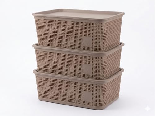 Image of SKI Vogue H1 Multipurpose Storage /Organiser Basket with Lid for Fruits, Toys, Books, Stationery, Cosmetics | Organise Kitchen, Wardrobe, counter-tops - 3 Pcs Set Brown (Small)