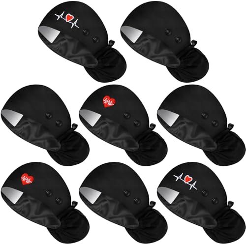 Image of 8 Pcs Satin Lined Scrub Caps, Nurse Hats with Buttons Sweatband, Adjustable Ponytail Surgical Caps for Women