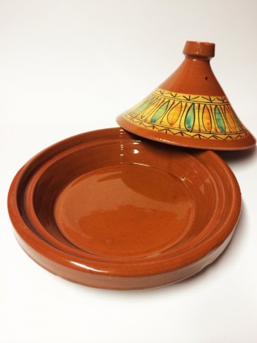 Foto von Marokkanische Tajine Topf zum Kochen + Kochbuch | Schmortopf glasiert Gulnar Ø 30cm, für 4-5 Personen | inklusive Rezepte Buch Nord Afrikanische Küche | ORIGINAL Tontopf handgetöpfert aus Marokko