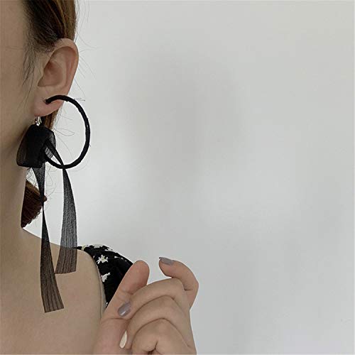 Fashion Lightweight Handmade Black Beaded Hoop Earrings Unique Long Ribbon Bow Tassel Dangle Drop Earrings Jewelry for Women Girls 7