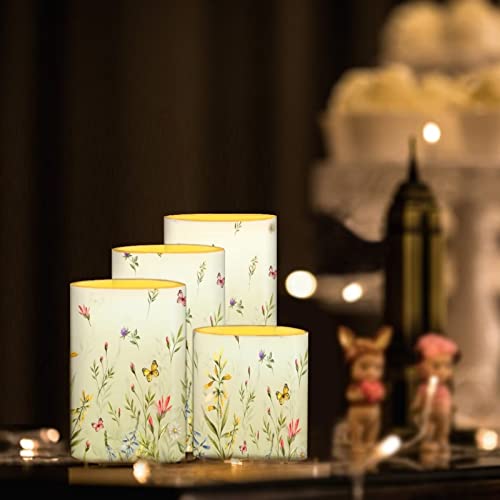 Image of LED Flickering Candles Battery Operated Candles Set of 4 with Remote Control Timer Dancing Flame Pillar Candles Home Table Decoration, Floral Green
