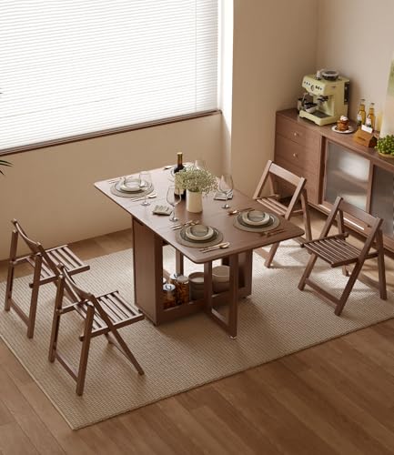 Image of AnywaysWood Folding Dining Table with 4 Foldable Chairs Set, Space Saving Extendable Solid Wood Drop Leaf Table for Kitchen Dining Living Room Small Spaces Simple Assembly