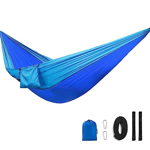 Double Camping Hammock - Portable Outdoor Hammock with Integrated Storage Bag, Heavy Duty Hammock with Fixed Rope and Safety Rope for Camping, Picnic, Travel, Rv Trip (Sky Blue,Royal Blue)