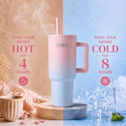 Image of 1200 ML Hot & Cold Insulated Tumbler with Lid and Straw, Stainless Steel Tumbler Cup with Handle, Leakproof Mug Cupholder for Office, Gym, Travel 1.2 Litre (Pink-ish Blue)