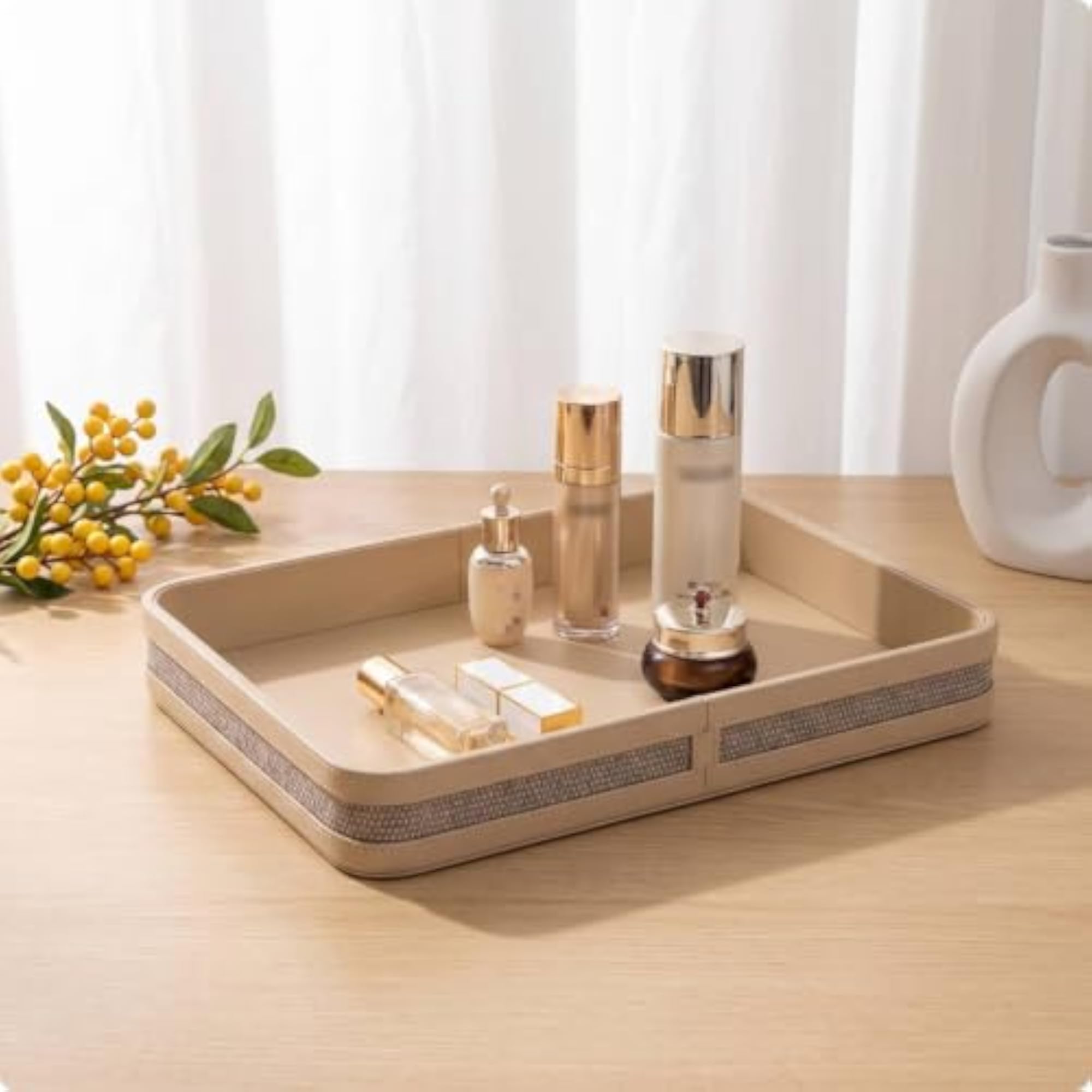 Leather-Look Rectangular Tray, Woven-Texture Organizer in Beige