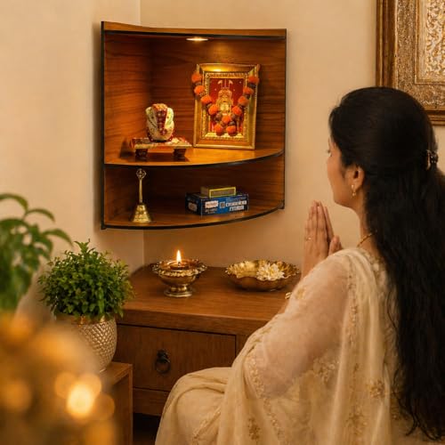 Image of Zesta Wooden Mandir for Home Big Size | DIY Pooja Mandir with LED Spot Light | Devghar Cabinet for Living Room or Office | Wall Mounted Pooja Unit for Home (Mandir for Corner)