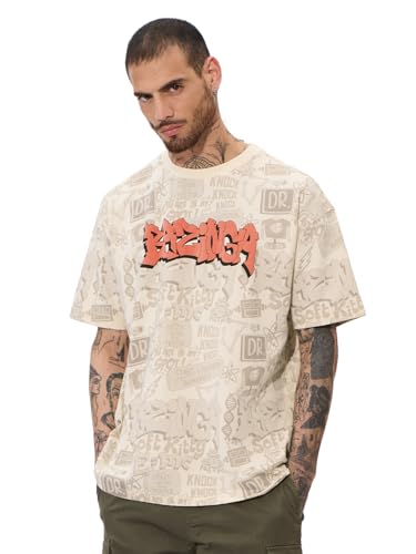 Image of The Souled Store The Big Bang Theory: Bazinga Men and Boys Short Sleeves Round Neck Beige Printed Cotton Oversized T-Shirts