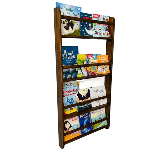 Furpinea Real Wood Handmade Walnut Color Kids Wall Mounted Montessori Bookshelf for Nursery, Bedroom, Living Room (4 Tier, 48