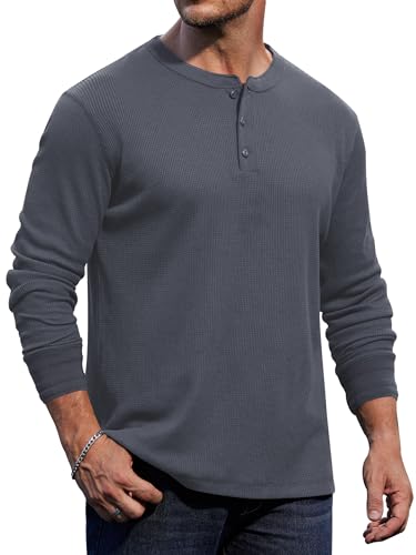 Herberton Mens Textured Hiking Shirts Winter Comfort Tee Stylish Solid Henley Fashion Casual Plain Tshirt Dark Grey XL
