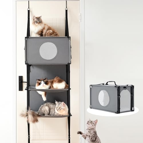 PLEKER 4 in 1 Multi-Level Door Hanging Cat Tree Tower Condo for Indoor Cats Under 22lbs, Detachable Cat Carrier for Outdoor use, Collapsible and Tool-Free Assembly, Fits Doors <86in H