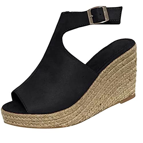 Image of Ladies Espadrilles Sandals Hessian Wedge Sandals Womens Platform Shoes Slingback Buckle Peep Toe Memory Foam Mid Heels Fashion Espadrille Ankle Strap Summer Shoes