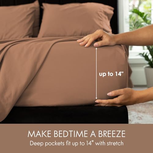 Image of ClevaHome Twin Size Sheet Set - 4 Piece Fitted Sheets Set, Sandy Brown | Soft Luxury Breathable, Shrink & Fade Resistant, Embroidered Bed Sheets, 14-inch Deep Pocket, 2 Extra Pillowcases
