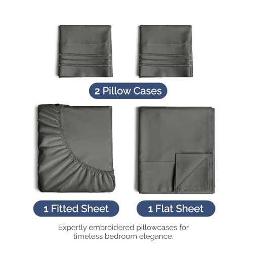 Image of King Size 4 Piece Sheet Set - Ultra Soft & Cooling Sheets - Dark Slate Grey | Fits 8 Inch to 16 inch Mattress, Wrinkle Free & Fade Resistant with Deep Pockets, Breathable, Comfy Hotel Luxury Bedding