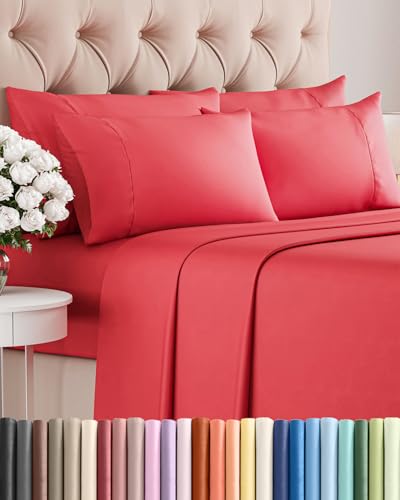 Image of Queen 6 Piece Bed Sheet Set - Comfy, Breathable & Cooling Sheets - Red