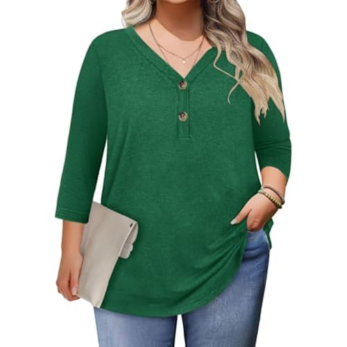 Womens Summer Plus Size 3/4 Length Sleeve Tops Button Down Shirts L-4XL