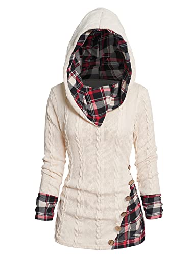 Image of ZEZCLO Women's Twisted Cable Knit Plaid Print Hooded Sweater Mock Button Ruched Shawl Neck Knit Top