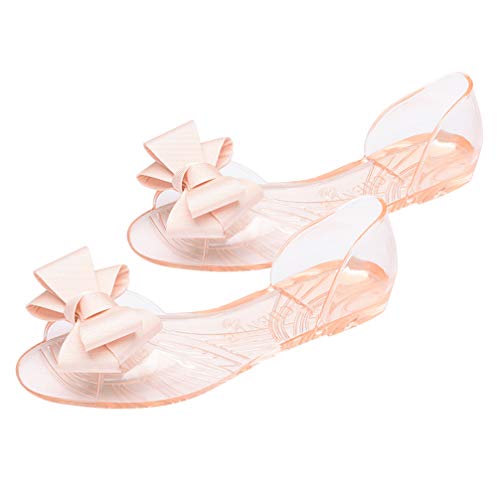Women Jelly Shoes Bowknot Sandals Flat Summer Beach Footwear Fashionable and Comfortable for Daily Wear for Dresses and Pants Beige3
