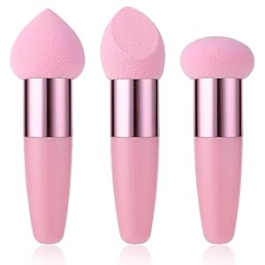Sibba 3 PCS Makeup Sponges Foundation Cosmetic Blending Wet and Dry Make Up Applicator Cosmetic Concealer Face Brush Egg Brushes Covers Eyes Sticks Powder Puff With Handle