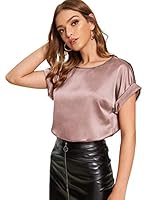 Floerns Women's Elegant Round Neck Rolled Short Sleeve Satin Silk Blouse Tops Pink L