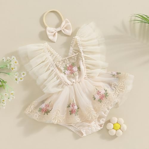 Newborn Baby Girls Rompers Flower Embroidery Mesh Tulle Dress with Headband Infant Summer Outfits3