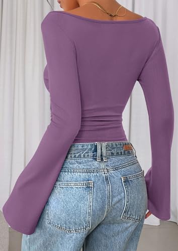 Image of PRETTYGARDEN Women Long Sleeve Shirt 2025 Crop Casual Boat Neck Bell Sleeve Ribbed Ruched Y2K Clothing