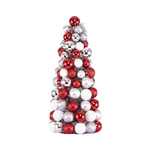 Costyleen 16 Inch Christmas Ball Tree Fireplace Decoration Mini Tabletop Christmas Tree Home Party Centerpiece Decorative Ball Ornaments Xmas Tree Decors Red White Silver