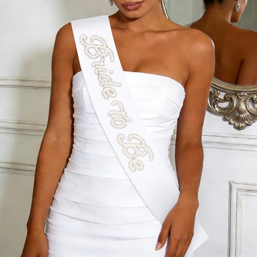 YISSION Bride to Be Sash - Pearl Embellished White Bridal Sash for Bachelorette Party, Wedding Shower & Bridal Celebration Accessories