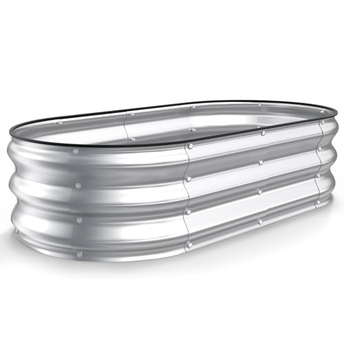 Kesfitt Raised Garden Bed, 4x2x1 FT Galvanized Steel Metal Raised Garden Bed, Oval Open-Bottom Design, 12-Inch Deep for Outdoor Vegetable & Herb Gardening, Silver