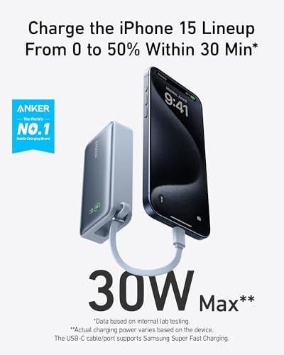 Image of Anker Nano Power Bank, 10,000mAh Portable Charger with Built-in USB-C Cable, 30W Recharging, 30W Max Output with USB-C&A, for iPhone 16 /15 Series, MacBook, Galaxy, AirPods, and Mo