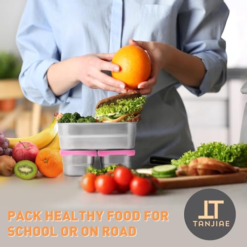 Image of Tanjiae Stainless Steel Lunch Snack Containers Set | Leak Proof 304 Stainless Steel Food Containers with Silicone Lids - Perfect Metal Lunch Box for School and Daycare (Pink Lunch, Medium)