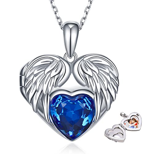 Angel Wing Necklace 925 Sterling Silver Heart Crystal Wing Locket Necklace That Holds Pictures Photo Locket Necklace Memorial Jewelry Gift For Women Girls Mother Daughter #TOP8