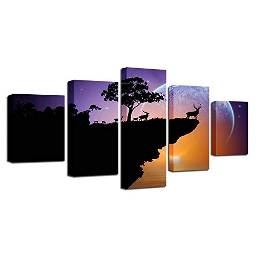 Tableaux décoration murale HD élan et arbre 5 pièces