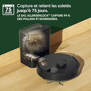 iRobot Roomba 105 Combo+AutoEmpty Dock - Robot Aspirateur Laveur 2en1 - Aspiration de 7KPa - Navigation LiDAR - Détection des Tapis - Zones de Nettoyage et d'Évitement - 4 Niveaux d'Aspiration - Noir